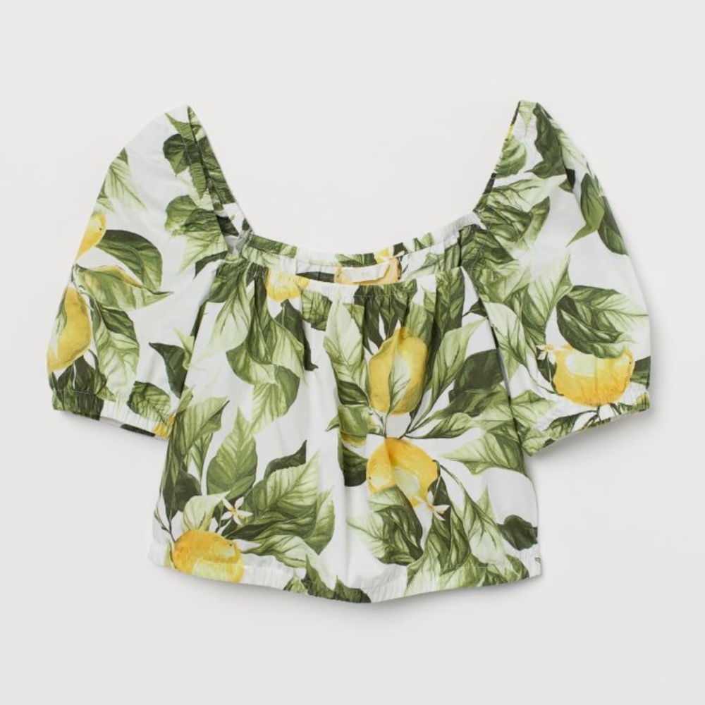 H&M Short Airy Cotton Crop Top in White Lemons